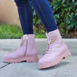 Womens Chunky Block Heel‎ Ankle Combat Boots Pink Color